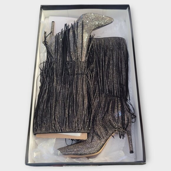 INC International Concepts Is Black and Silver Bling Fringe Heeled Boots Sz 7.5M - Picture 14 of 15